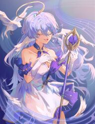 Rule 34 | 1girl, absurdres, bare shoulders, bird, blver, breasts, choker, cleavage, closed eyes, commentary, cowboy shot, detached sleeves, dress, earrings, gloves, halo, head wings, highres, honkai: star rail, honkai (series), jewelry, long hair, purple choker, purple hair, robin (honkai: star rail), short sleeves, solo, standing, strapless, strapless dress, symbol-only commentary, very long hair, white dress, white gloves, wings