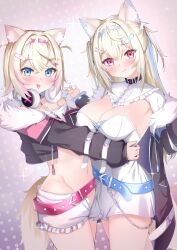 Rule 34 | 2girls, :d, animal ear fluff, animal ears, belt, belt buckle, black jacket, blonde hair, blue belt, blue eyes, blue hair, blush, breasts, buckle, cleavage, closed mouth, commentary request, dog ears, dog girl, dog tail, dress, fur-trimmed jacket, fur trim, fuwawa abyssgard, fuwawa abyssgard (1st costume), gmkj, groin, hair between eyes, hair intakes, hair ornament, hairclip, headphones, headphones around neck, highres, hololive, hololive english, jacket, large breasts, long hair, long sleeves, mococo abyssgard, mococo abyssgard (1st costume), multicolored hair, multiple girls, navel, off shoulder, open clothes, open fly, open jacket, open mouth, open shorts, pink belt, pink eyes, pink hair, puffy long sleeves, puffy sleeves, short shorts, shorts, sleeves past wrists, smile, streaked hair, tail, very long hair, virtual youtuber, white dress, white shorts, x hair ornament