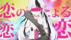 Rule 34 | alternate hair color, black hair, commentary, crossed out, finger on trigger, gun, hatsune miku, highres, holding, holding gun, holding weapon, koi no koi ni yoru koi no tame no koi (vocaloid), long hair, multicolored hair, necktie, official art, pinocchio-p, scribble, short sleeves, solo, song name, streaked hair, striped necktie, striped neckwear, sweater, twintails, upper body, very long hair, vocaloid, weapon, white hair