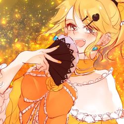 Rule 34 | bare shoulders, blonde hair, blue eyes, blush, bow, choker, covering own mouth, dress, dress bow, earrings, embers, evillious nendaiki, fangs, fire, frilled choker, frills, hair bow, hair ornament, hairclip, hand fan, holding, holding fan, jewelry, kagamine rin, mimi mine, nail polish, open mouth, orange bow, ponytail, riliane lucifen d&#039;autriche, sidelocks, smile, strapless, strapless dress, updo, vocaloid, yellow bow, yellow choker, yellow dress, yellow nails