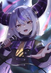 Rule 34 | 1girl, ahoge, ascot, black horns, braid, braided bangs, collar, grey hair, highres, holding, holding microphone, hololive, horns, la+ darknesss, la+ darknesss (1st costume), long hair, metal collar, microphone, multicolored hair, nicky0, open mouth, pointy ears, purple hair, smile, solo, streaked hair, striped horns, virtual youtuber, yellow ascot, yellow eyes