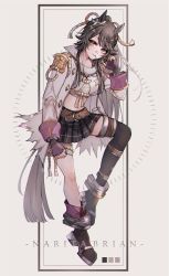 Rule 34 | 1girl, animal ears, asymmetrical footwear, bandaged leg, bandages, bandaid, bandaid on face, bandaid on nose, belt, black footwear, black hair, black skirt, boots, breasts, character name, coat, e no (ntmeno8), fingerless gloves, full body, gloves, hand up, highres, horse ears, horse girl, horse tail, long hair, long sleeves, looking at viewer, midriff, miniskirt, mouth hold, narita brian (umamusume), navel, open clothes, open coat, ponytail, purple gloves, sarashi, single thigh boot, skirt, small breasts, solo, stalk in mouth, tail, thigh boots, thighhighs, umamusume, uneven footwear, white coat, yellow eyes