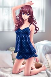 Rule 34 | 1girl, arm up, barefoot, bed sheet, blue eyes, blue shirt, blue shorts, blurry, blurry background, breasts, brown hair, cleavage, earrings, full body, hair between eyes, highres, ichinose shiki, idolmaster, idolmaster cinderella girls, indoors, jewelry, kneeling, long hair, looking to the side, medium breasts, nail polish, parted lips, pillow, pleiades (sting7712), print shirt, red nails, shirt, short shorts, shorts, sleeveless, sleeveless shirt, smile, solo