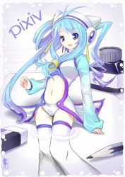 Rule 34 | 1girl, animal hat, antenna hair, aqua hair, blue eyes, breasts, cat hat, detached pants, eraser, female focus, front ponytail, gradient background, hat, ink, midriff, navel, original, pencil, pixiv, pixiv-tan, silversirius, solo, thighhighs, twintails