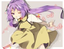 Rule 34 | 1girl, bad id, bad pixiv id, bent over, dress, flower, grey background, grin, hair flower, hair ornament, hasebe yuusaku, long hair, long sleeves, looking at viewer, low twintails, musical note, one eye closed, purple eyes, purple hair, smile, solo, touhou, tsukumo benben, twintails