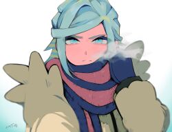 Rule 34 | 1boy, absurdres, blue mittens, blue scarf, blurry, breath, closed mouth, commentary request, creatures (company), eyelashes, frown, game freak, green eyes, green hair, grusha (pokemon), hei tai (kyaputen1), highres, jacket, long sleeves, looking at viewer, male focus, mittens, nintendo, pokemon, pokemon sv, scarf, solo, striped clothes, striped scarf, upper body, yellow jacket