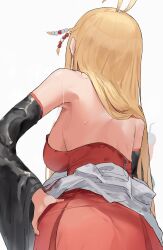 Rule 34 | 1girl, antenna hair, bare shoulders, blonde hair, breasts, detached sleeves, dress, from behind, hand on own hip, highres, large breasts, long hair, long sleeves, pocche-ex, red dress, solo, sweat, tsurumaki maki, very long hair, voiceroid, wide sleeves