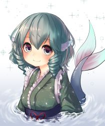 Rule 34 | 1girl, absurdres, bad id, bad twitter id, blue eyes, blue hair, blush, drill hair, fins, floral print, gradient background, head fins, highres, japanese clothes, kimono, long sleeves, looking at viewer, mermaid, monster girl, obi, partially submerged, pyonsuke (pyon2 mfg), sash, short hair, smile, solo, sparkle, touhou, upper body, wakasagihime, water