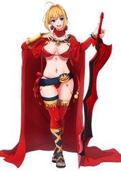 Rule 34 | 1girl, :d, absurdres, aestus estus, ahoge, ameneshi, bad id, bad pixiv id, belt, bikini, black footwear, blonde hair, bracer, breasts, breasts apart, cape, cleavage, fate/grand order, fate (series), fringe trim, full body, hair intakes, hand on own chest, highres, holding, holding sword, holding weapon, large breasts, looking at viewer, nail polish, navel, nero claudius (battle olympia) (fate), nero claudius (fate), nero claudius (fate) (all), nero claudius (fate/extra), official alternate costume, open mouth, red bikini, red cape, red nails, red ribbon, red thighhighs, ribbon, round teeth, short hair, side-tie bikini bottom, skindentation, smile, solo, standing, stomach, swimsuit, sword, teeth, thighhighs, toeless footwear, toenail polish, toenails, underboob, upper body, weapon