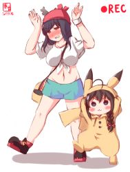 Rule 34 | 2017, 2girls, ahoge, alternate costume, arms up, bag, between breasts, black hair, blush, braid, breasts, commentary request, cosplay, costume, creatures (company), dated, embarrassed, full body, game freak, gen 1 pokemon, hair over shoulder, headgear, highres, kanon (kurogane knights), kantai collection, large breasts, long hair, looking at viewer, multiple girls, navel, nintendo, pikachu, pikachu (cosplay), pokemon, red eyes, shigure (kancolle), short hair, signature, single braid, smile, standing, strap between breasts, yamashiro (kancolle)
