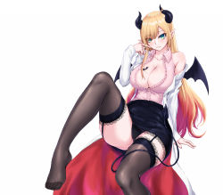 Rule 34 | 1girl, black horns, black panties, black skirt, black thighhighs, black wings, blonde hair, blush, breast tattoo, breasts, center frills, chinese commentary, cleavage, closed mouth, coat, collarbone, collared shirt, commentary request, demon girl, demon horns, demon tail, demon wings, foot out of frame, frilled shirt, frills, garter straps, green eyes, heart, heart tattoo, highres, hololive, horns, lab coat, lace, lace-trimmed legwear, lace-trimmed skirt, lace trim, large breasts, long hair, looking at viewer, no shoes, off shoulder, panties, pink shirt, pointy ears, shiny skin, shirt, simple background, skirt, sleeveless, sleeveless shirt, smile, solo, tail, tattoo, thighhighs, underwear, virtual youtuber, white background, white coat, wings, yeklsa, yuzuki choco, yuzuki choco (1st costume)