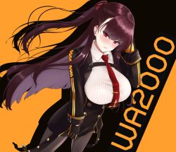 1girl between_breasts black_gloves black_jacket blush breasts character_name cowboy_shot dutch_angle girls&#039;_frontline gloves hair_ribbon highres jacket large_breasts long_hair looking_at_viewer necktie necktie_between_breasts pantyhose purple_hair red_eyes red_necktie ribbon shirt side_ponytail simple_background solo standing striped_clothes striped_shirt vertical-striped_clothes vertical-striped_shirt wa2000_(girls&#039;_frontline) zerogura