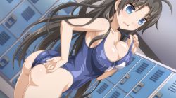 Rule 34 | 1girl, adjusting clothes, adjusting swimsuit, ahoge, ass, black hair, blue eyes, blush, breasts, cleavage, clothes pull, dutch angle, female focus, game cg, greeze18, large breasts, locker, long hair, mieko (sakura swim club), one-piece swimsuit, one-piece swimsuit pull, one-piece thong, open mouth, sakura swim club, school swimsuit, solo, swimsuit, wanaca, winged cloud