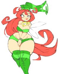 Rule 34 | 1girl, betilla, betilla (rayman), between breasts, blush, boots, bracelet, breasts, cleavage, curvy, fairy, fairy wings, floating, floating hair, full body, green footwear, green headwear, hat, highres, huge breasts, jewelry, long hair, mctamago, midriff, miniskirt, rayman, red hair, simple background, sketch, skirt, strapless, thick thighs, thigh boots, thighs, tongue, tube top, very long hair, white background, wide hips, wings