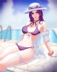Rule 34 | 1girl, alternate costume, alternate hair color, bangle, bikini, blurry, blurry background, bracelet, caitlyn (league of legends), closed mouth, criss-cross halter, eyewear on head, halterneck, hat, highres, jewelry, league of legends, lips, long hair, looking at viewer, mcdobo, nail polish, o-ring, o-ring bikini, off shoulder, open clothes, open shirt, pool party caitlyn, purple eyes, purple hair, purple nails, signature, solo, sun hat, sunglasses, swimsuit, thigh strap