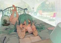 Rule 34 | 1girl, aqua hair, bad id, bad pixiv id, barefoot, bed, birdcage, book, cage, cup, drinking, face, feet, foreshortening, hatsune miku, long hair, lying, mug, noco (adamas), on bed, on stomach, open book, reading, scrunchie, solo, twintails, vocaloid