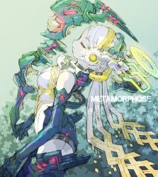 Rule 34 | 1girl, armor, arms at sides, blonde hair, bodysuit, breasts, closed eyes, commentary request, gradient hair, headgear, long hair, low twintails, mask, multicolored hair, nakayama tooru, original, pale skin, power armor, small breasts, solo, twintails, two-tone hair, very long hair, white hair
