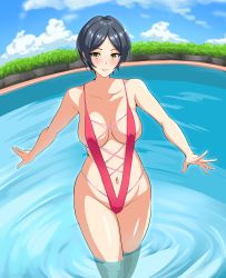 Rule 34 | 1girl, areola slip, bare shoulders, black hair, blush, breasts, collarbone, covered erect nipples, hadacra, hayami kanade, highres, idolmaster, idolmaster cinderella girls, large breasts, looking at viewer, navel, one-piece swimsuit, parted bangs, parted lips, pink one-piece swimsuit, pool, ripples, short hair, slingshot swimsuit, smile, solo, swimsuit, thighs, wading, water, yellow eyes