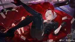 Rule 34 | 1girl, ahoge, antennae, arknights, black gloves, black jacket, boots, breasts, card, cat, coin, couch, ergouzi echo, gloves, grey hair, high heel boots, high heels, highres, horns, indoors, jacket, looking at viewer, lying, medium breasts, on back, on couch, parted lips, playing card, revision, smile, solo, tail, thigh boots, w (arknights), w (wanted) (arknights), weibo watermark, yellow eyes