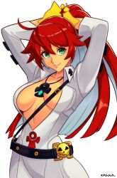 Rule 34 | 1girl, absurdres, alternate hairstyle, ankh, blunt ends, bodysuit, breasts, gloves, green eyes, guilty gear, guilty gear strive, hair between eyes, hair up, halo, high ponytail, highres, jack-o&#039; valentine, large breasts, long hair, looking at viewer, multicolored hair, ponytail, red hair, smgold, smile, solo, spiked halo, two-tone hair, white bodysuit, white hair