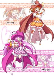 Rule 34 | 2girls, :d, absurdres, adapted costume, alternate costume, blush, boots, bow, cape, character name, commentary request, cure happy, cure sunny, eyelashes, hair ornament, happy, hat, highres, hino akane (smile precure!), hoshizora miyuki, jewelry, knee boots, kneehighs, large hat, long hair, looking at viewer, magical girl, mahou girls precure!, matatabi (karukan222), multiple girls, open mouth, orange cape, orange eyes, orange hair, orange skirt, pink bow, pink cape, pink eyes, pink hair, precure, short hair, skirt, smile, smile precure!, socks, standing, thigh boots, thighhighs, thighs, twintails, wand, witch, witch hat
