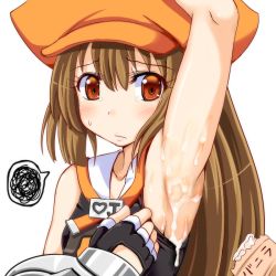 Rule 34 | 1girl, arc system works, arm up, armpits, blush, breasts, brown hair, fingerless gloves, flat chest, food, gloves, guilty gear, guilty gear xrd, hat, ice cream, long hair, may (guilty gear), messy, orange eyes, orange hat, pirate hat, poncocchan, popsicle, sexually suggestive, small breasts, solo, squiggle, suggestive fluid, sweatdrop, tears