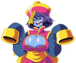 Rule 34 | 1girl, animated, animated gif, blush stickers, bouncing breasts, breasts, chinese clothes, cleavage, cleavage cutout, closed eyes, clothing cutout, covered erect nipples, hat, jiangshi, large breasts, lei lei, lewdamone, ofuda, open mouth, purple hair, qingdai guanmao, short hair, simple background, sleeves past fingers, sleeves past wrists, solo, teeth, upper body, vampire (game), white background