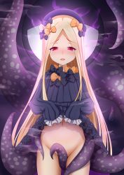 Rule 34 | 1girl, abigail williams (fate), absurdres, between legs, black bow, black dress, black hat, blonde hair, blush, bow, bug, butterfly, clothes lift, commentary request, dress, dress lift, fate/grand order, fate (series), forehead, groin, hair bow, hat, highres, insect, lifting own clothes, long hair, long sleeves, looking at viewer, navel, no panties, nose blush, open mouth, orange bow, parted bangs, polka dot, polka dot bow, red eyes, sleeves past fingers, sleeves past wrists, solo, teeth, tentacles, upper teeth only, very long hair, yuunagi (0217)