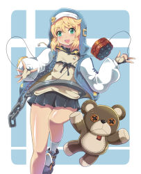 Rule 34 | 1boy, blonde hair, bow, bridget (guilty gear), button eyes, buttons, chain, colonel aki, commentary, eyebrows hidden by hair, fingerless gloves, gloves, green eyes, guilty gear, hood, hood up, hoodie, jacket, long sleeves, looking at viewer, open clothes, open hoodie, open jacket, open mouth, pleated skirt, roger (guilty gear), shiny skin, shoes, short hair, skirt, smile, socks, solo, stuffed animal, stuffed toy, teddy bear, thighs, translation request, trap, yo-yo