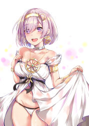Rule 34 | 1girl, :d, armlet, bare shoulders, bracelet, cleopatra (fate), cleopatra (fate) (cosplay), cleopatra (third ascension) (fate), collarbone, cosplay, cowboy shot, dress, earrings, fate/grand order, fate (series), female focus, fingernails, flower earrings, hair over one eye, hairband, highres, jewelry, konka, light purple hair, looking at viewer, mash kyrielight, navel, open mouth, panties, purple eyes, short hair, simple background, skirt hold, smile, solo, strapless, strapless dress, thigh gap, underwear, white background, white dress, white panties