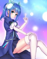 Rule 34 | 1girl, aromage rosemary, blue hair, boots, elbow gloves, eld pld, gloves, green eyes, hand on own knee, index finger raised, long hair, looking at viewer, ponytail, sitting, smile, solo, thigh boots, thighhighs, white footwear, white gloves, yu-gi-oh!