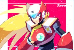Rule 34 | 1boy, android, armor, blonde hair, blue eyes, character name, chest jewel, commentary request, forehead jewel, helmet, long hair, looking at viewer, mega man (series), mega man x (series), red armor, shoulder armor, solo, sznami129, upper body, zero (mega man)