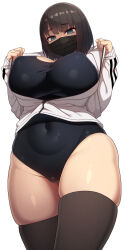 Rule 34 | 1girl, black hair, black one-piece swimsuit, black thighhighs, breasts, commentary request, covered erect nipples, covered navel, curvy, double vertical stripe, green eyes, highres, jacket, large breasts, long sleeves, looking at viewer, looking down, mask, mouth mask, one-piece swimsuit, original, samegami, shiny skin, short hair, simple background, solo, standing, swimsuit, taut clothes, thighhighs, white background, white jacket