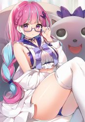 Rule 34 | 1girl, ahoge, anchor symbol, ayamy, bespectacled, braid, breasts, commentary request, glasses, highres, hololive, jacket, large breasts, long hair, minato aqua, minato aqua (sailor), multicolored hair, neko (minato aqua), panties, purple eyes, sleeveless, solo, thighhighs, thighs, twin braids, underwear, very long hair, virtual youtuber