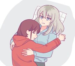 Rule 34 | 2girls, blue eyes, blue hoodie, closed eyes, commentary, cuddling, from above, girls band cry, grey background, grey hair, hands on another&#039;s back, hashtag-only commentary, hood, hoodie, iseri nina, kawaragi momoka, long hair, multiple girls, parted lips, pillow, red hair, red hoodie, sleeping, sleeping on person, takechi63, two-tone background, upper body, white background