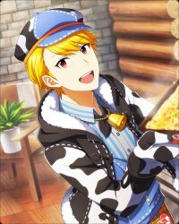 Rule 34 | 1boy, bell, blonde hair, collared shirt, hood, hoodie, idolmaster, idolmaster side-m, idolmaster side-m growing stars, long sleeves, looking at viewer, maita rui, male focus, mittens, neck bell, official art, open mouth, plant, shirt, teeth, upper teeth only