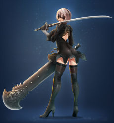 Rule 34 | 1girl, ass, backless dress, backless outfit, black dress, black footwear, black hairband, black ribbon, black thighhighs, blindfold, boots, breasts, broadsword, brown gloves, brown thighhighs, chain, covered eyes, dress, dual wielding, from behind, full body, gloves, greatsword, hair over eyes, hairband, hand up, high heel boots, high heels, highres, holding, holding sword, holding weapon, huge weapon, juliet sleeves, katana, large breasts, legs apart, long sleeves, looking at viewer, looking back, medium breasts, mole, mole under mouth, nier:automata, nier (series), oldlim, open mouth, over shoulder, panties, pantyshot, pink lips, puffy sleeves, ribbed dress, ribbon, short dress, short hair, shoulder blades, silver hair, skin tight, solo, standing, sword, thigh boots, thighhighs, thighs, twisted neck, underwear, upskirt, vambraces, weapon, weapon over shoulder, white panties, wind, wind lift, 2b (nier:automata)