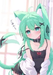 Rule 34 | 1girl, :&lt;, ahoge, animal ear fluff, animal ears, black collar, black ribbon, blush, breasts, cat ears, cat girl, cat tail, cleavage, collar, commentary request, green eyes, green hair, hair between eyes, hair ornament, hair ribbon, highres, long hair, mikaze oto, original, ribbon, small breasts, solo, tail, tail wagging, x hair ornament