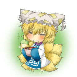 Rule 34 | 1girl, aburaage, bad id, bad pixiv id, blonde hair, blue dress, blush, bowl, chibi, dress, drooling, closed eyes, fang, female focus, food, fox tail, hat, hat with ears, multicolored clothes, multicolored dress, multiple tails, rebecca (keinelove), short hair, solo, tail, touhou, translated, wavy mouth, white dress, yakumo ran