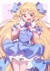Rule 34 | 1girl, :d, blonde hair, blue bow, blue bowtie, blue dress, blush, border, bow, bowtie, buttons, collared dress, cowboy shot, degarashi mana, dot nose, dress, gem, gloves, hair bow, hands up, heart, heart-shaped gem, looking at viewer, magia record: mahou shoujo madoka magica gaiden, mahou shoujo madoka magica, open mouth, outside border, paru rari, petticoat, pink background, red eyes, red gemstone, short dress, smile, solo, sparkle, twitter username, virtual youtuber, white border, white gloves