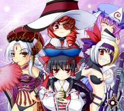 Rule 34 | 5girls, ^ ^, anger vein, ascot, baba yaga (lord of vermilion), black hair, bow, breast rest, breasts, cleavage, crossover, cup, detached sleeves, eyepatch, closed eyes, hand fan, folding fan, great harlot, grin, hair bow, hair tubes, hakurei reimu, hat, jeanne d&#039;arc (lord of vermilion), jitome, large breasts, long hair, lord of vermilion, matabii, multiple girls, red eyes, red hair, saigyouji yuyuko, short hair, silver hair, skirt, slit pupils, smile, teacup, touhou, triangular headpiece, yellow eyes