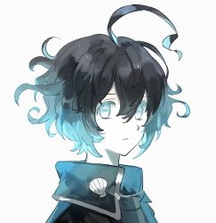 Rule 34 | 1boy, ahoge, black hair, closed mouth, commentary request, expressionless, extraspiky, hair between eyes, highres, horizontal pupils, looking at viewer, male focus, messy hair, original, portrait, short hair, simple background, solo, upper body