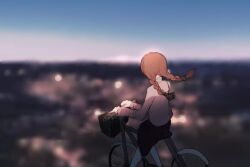 Rule 34 | 1girl, bicycle, black skirt, blue sky, blurry, blurry background, braid, commentary request, feet out of frame, floating hair, from behind, long hair, long sleeves, low twin braids, madotsuki, outdoors, pink sweater, riding, riding bicycle, skirt, sky, solo, sweater, turtleneck, turtleneck sweater, twilight, twin braids, xgshjsgha, yume nikki