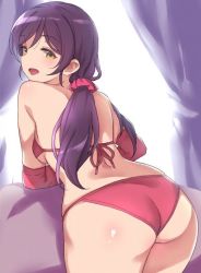 Rule 34 | 1girl, :d, ass, bikini, blush, breasts, duke (inu daimyou), from behind, green eyes, hair ornament, hair scrunchie, long hair, looking at viewer, looking back, love live!, love live! school idol project, low twintails, medium breasts, open mouth, pink scrunchie, purple hair, red bikini, scrunchie, sideboob, smile, solo, swimsuit, tojo nozomi, twintails