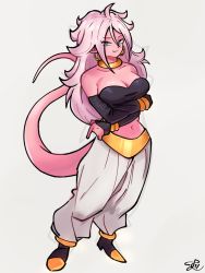 Rule 34 | 1girl, android 21, bare shoulders, blue eyes, breasts, cleavage, colored skin, detached sleeves, dragon ball, dragon ball fighterz, earrings, full body, harem pants, highres, hoop earrings, jewelry, long hair, looking at viewer, majin android 21, messy hair, navel, pants, pink hair, pink skin, smile, solo, standing, strapless, tail, tube top, zurui