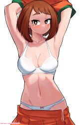 Rule 34 | 1girl, absurdres, armpits, arms up, blush, boku no hero academia, bow, bow panties, bra, breasts, brown eyes, brown hair, cleavage, clothes pull, collarbone, commentary, dashi (dashiart), highres, large breasts, looking at viewer, medium hair, navel, orange skirt, paid reward available, panties, parted lips, patreon username, pink bow, pleated skirt, simple background, skirt, skirt pull, solo, swept bangs, u.a. cheerleader uniform, underwear, undressing, uraraka ochako, watermark, web address, white background, white bra, white panties