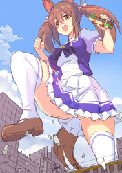 Rule 34 | 1girl, animal ears, breasts, brown eyes, brown hair, bus, city, day, destruction, dress, frilled dress, frills, giant, giantess, highres, hishi akebono (umamusume), horse ears, horse tail, large breasts, long hair, motor vehicle, open mouth, sailor collar, school uniform, seo tatsuya, solo, tail, thighhighs, tracen school uniform, twintails, two-tone dress, umamusume, walking, white thighhighs