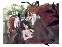 Rule 34 | 2girls, absurdres, agnes tachyon (umamusume), ahoge, animal ears, bare arms, bare shoulders, black footwear, black gloves, black hair, blurry, blurry foreground, border, breasts, brown hair, brown pantyhose, closed mouth, coat, couch, cup, detached collar, empty eyes, expressionless, extreme dangling, eyebrows hidden by hair, fake animal ears, feet out of frame, full body, furrowed brow, gloves, grey leotard, hair between eyes, hairband, hand rest, hands up, high heels, highres, horse tail, knees up, lab coat, lap pillow, leotard, light smile, long bangs, long hair, long sleeves, looking at viewer, lying, manhattan cafe (umamusume), medium breasts, medium hair, multiple girls, necktie, on back, on couch, open clothes, open coat, outside border, pantyhose, parted lips, plant, playboy bunny, rabbit ears, red eyes, sarcophage, saucer, shoe dangle, shoes, single shoe, sitting, sleeves past fingers, sleeves past wrists, small breasts, strapless, strapless leotard, table, tail, umamusume, very long hair, white border, white coat, white leotard, wrist cuffs, yellow eyes