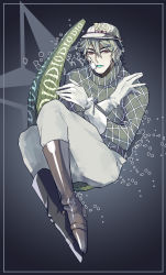 Rule 34 | 1boy, awaru, bandages, boots, diego brando, gloves, green hair, green lips, hat, highres, jojo no kimyou na bouken, lipstick, makeup, male focus, scary monsters (stand), solo, stand (jojo), steel ball run, sweater, tail, turtleneck