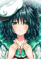 Rule 34 | 1girl, absurdres, anchor, aqua eyes, blue hair, breasts, cleavage, female focus, hat, highres, jewelry, looking at viewer, murasa minamitsu, neckerchief, necklace, partially submerged, sailor, sailor hat, short hair, solo, submerged, touhou, ugume, upper body, water, wet, wet clothes